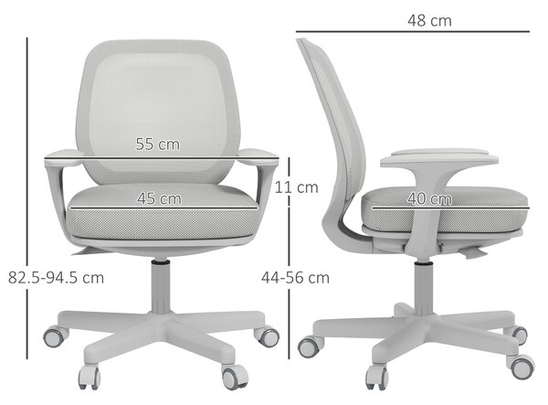 Vinsetto Scaun de Birou Rabatabil cu Inaltime Reglabila, Scaun Ergonomic si Tesatura Respirabila cu 5 Roti 55x48x82.5-94.5 cm, Gri