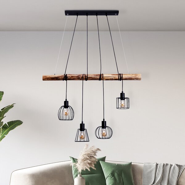 Näve Lampă suspendată Woodland, 4 becuri, cușcă, reglabil, Negru, Camera de zi / sufragerie, Lemn, Vintage