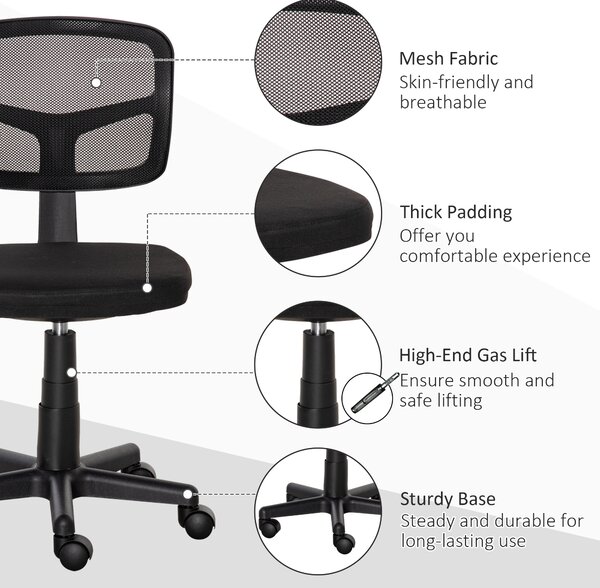 Vinsetto Scaun Ergonomic de Birou din Plasă, Fără Cotiere, Înălțime Ajustabilă, Negru | Aosom Romania