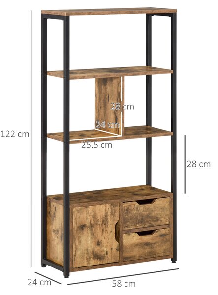 HOMCOM Biblioteca cu 3 Rafturi, Dulap si 2 Sertare, Biblioteca Stil Industrial din PAL si Metal, 58x24x122 cm, Negru si Lemn natur | Aosom Romania