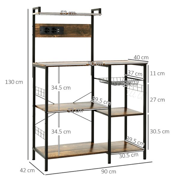 HOMCOM Raft de Bucatarie cu Prize Mutiple, Dulap Bucatarie pentru Microunde cu Rafturi si Cos din Sarma Stil Industrial, 90x42x130cm, Maro