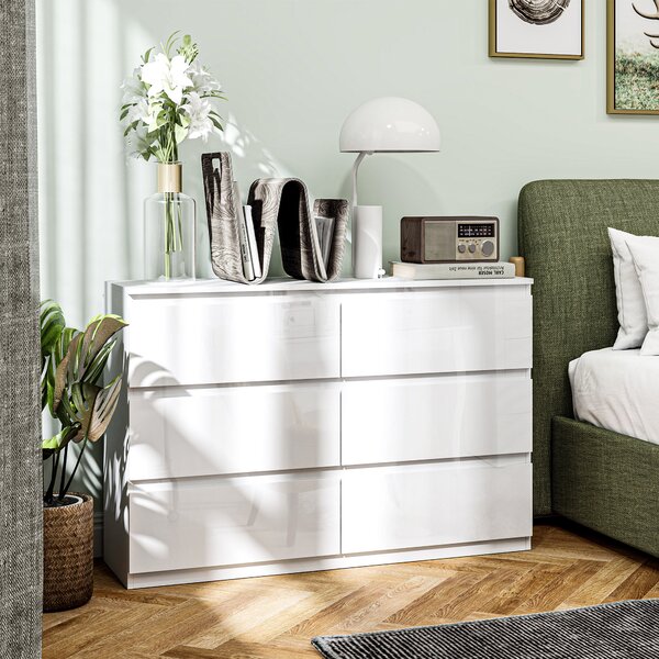 HOMCOM Comodă cu 6 Sertare din PAL, pentru Dormitor, Design Modern și Multifuncțional, 112x34x75 cm, Alb | Aosom Romania