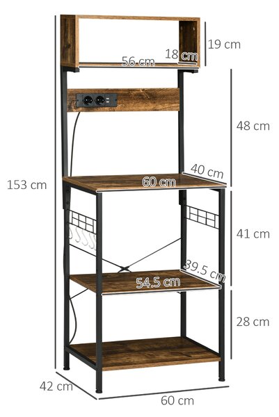 HOMCOM Raft de Bucatarie cu Prize Mutiple, Dulap pentru Microunde cu Rafturi și Mânere din Sârmă Stil Industrial, 90x42x130 cm, Maro | Aosom Romania