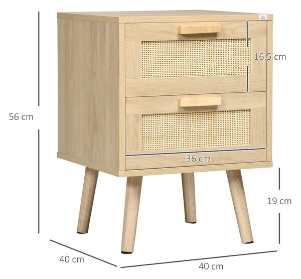 HOMCOM Set 2 Noptiere Boho Elegante, Mobilier Dormitor cu 2 Sertare, 40x40x56cm, Lemn Natural | Aosom Romania