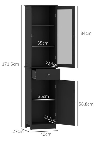 Kleankin Coloană Baie economisitoare de spațiu cu dulăpior, sertar și rafturi din MDF, 40x27x171.5cm, Negru | Aosom Romania
