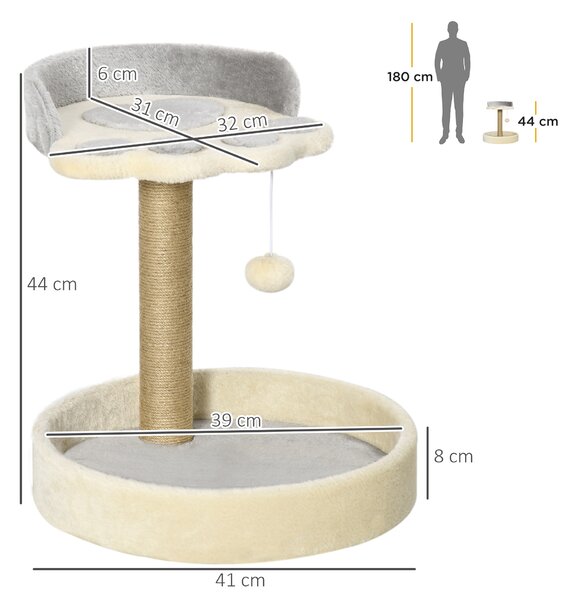 PawHut Copac de Zgâriat pentru Pisici, 5kg, cu Pătuțuri și Minge, Plus și Frânghie de Iută, 41x41x44 cm, Gri și Bej | Aosom Romania
