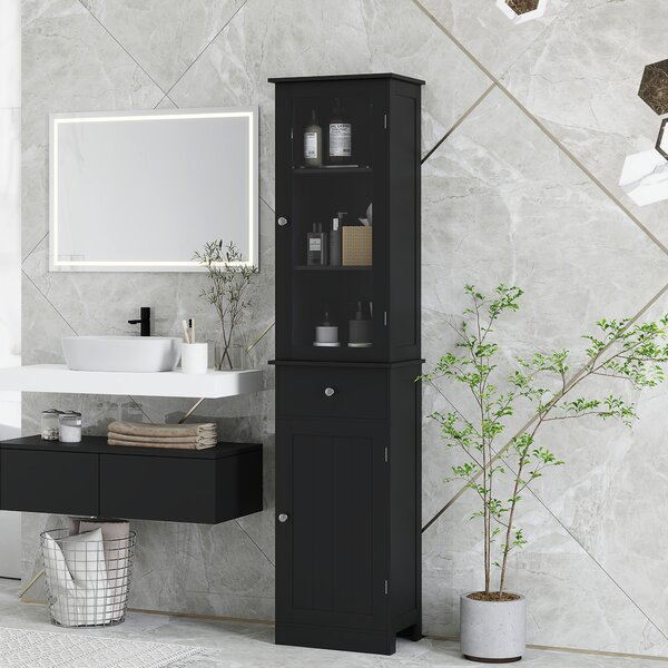 Kleankin Coloană Baie economisitoare de spațiu cu dulăpior, sertar și rafturi din MDF, 40x27x171.5cm, Negru | Aosom Romania