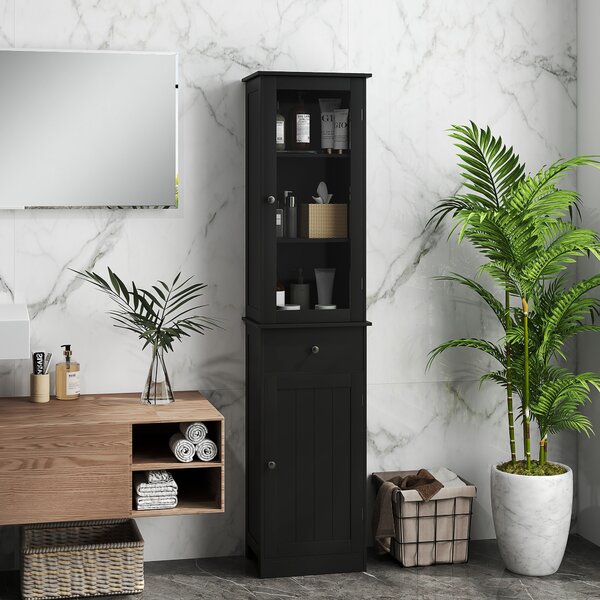 Kleankin Coloană Baie economisitoare de spațiu cu dulăpior, sertar și rafturi din MDF, 40x27x171.5cm, Negru | Aosom Romania