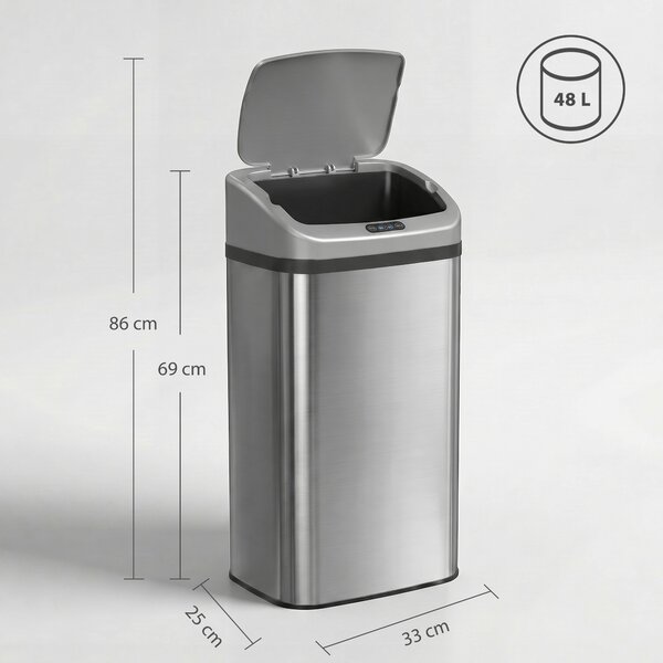 HOMCOM Coș de gunoi cu senzor 48L, închidere lentă, suprafață antiamprentă, din inox, argintiu | Aosom Romania