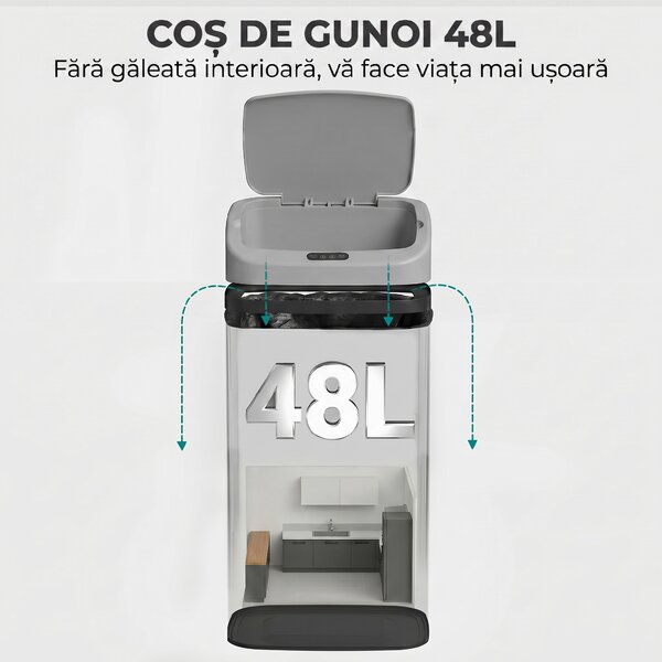 HOMCOM Coș de gunoi cu senzor 48L, închidere lentă, suprafață antiamprentă, din inox, argintiu | Aosom Romania