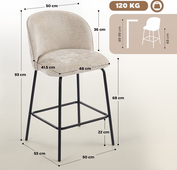 HOMCOM Set 2 Scaune de Bar din Chenille, 68 cm, cu Spătar și Suport pentru Picioare, Cadru din Oțel, Bej | Aosom Romania