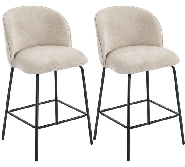 HOMCOM Set 2 Scaune de Bar din Chenille, 68 cm, cu Spătar și Suport pentru Picioare, Cadru din Oțel, Bej | Aosom Romania