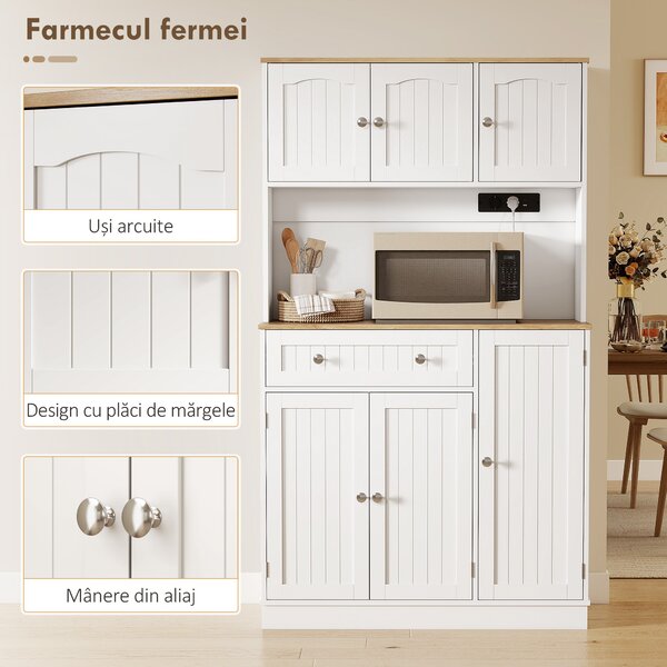 HOMCOM Dulap de bucătărie înalt, 173 cm, cu stație de încărcare, spațiu pentru cuptorul cu microunde, rafturi reglabile, 4 suporturi pentru condimente, alb | Aosom Romania
