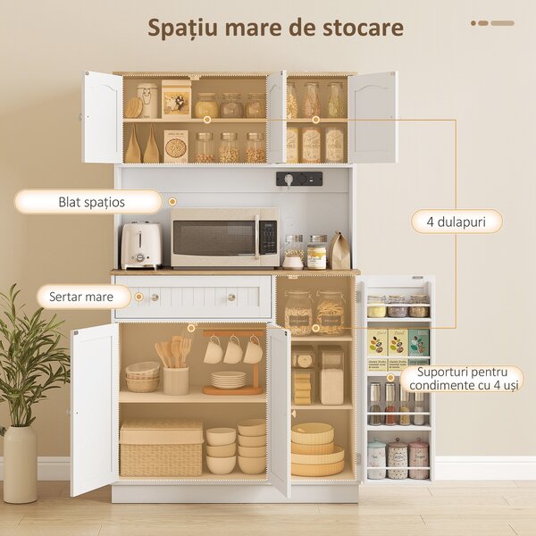 HOMCOM Dulap de bucătărie înalt, 173 cm, cu stație de încărcare, spațiu pentru cuptorul cu microunde, rafturi reglabile, 4 suporturi pentru condimente, alb | Aosom Romania