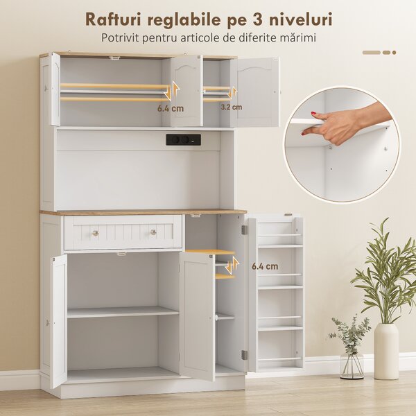 HOMCOM Dulap de bucătărie înalt, 173 cm, cu stație de încărcare, spațiu pentru cuptorul cu microunde, rafturi reglabile, 4 suporturi pentru condimente, alb | Aosom Romania