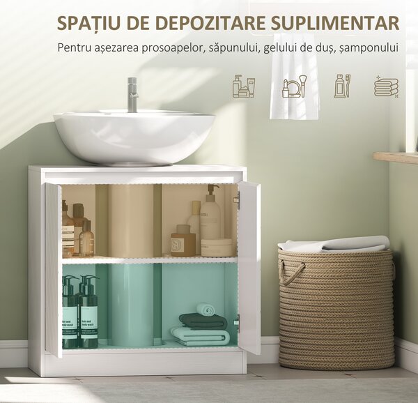 HOMCOM Dulap Sub Lavoar pentru Baie cu 2 Uși și Raft Reglabil, pentru Lavoare cu sau fără Coloană, 60 x 30 x 59,8 cm, Alb | Aosom Romania