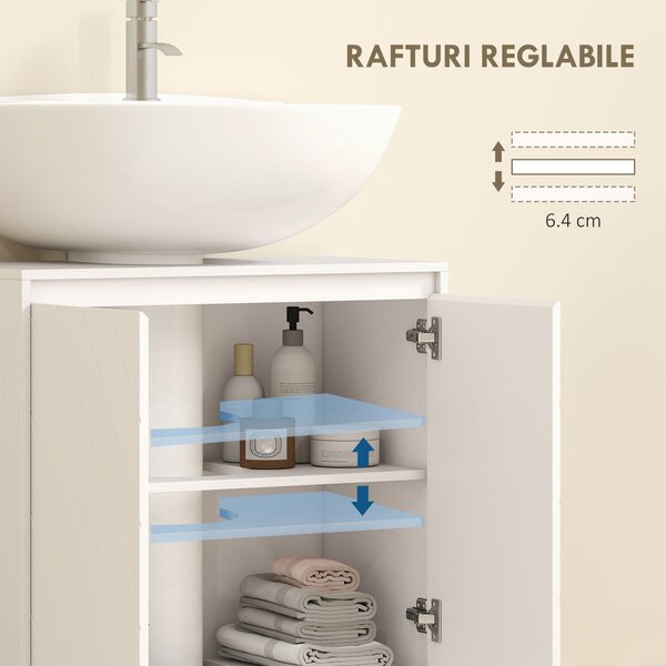 HOMCOM Dulap Sub Lavoar pentru Baie cu 2 Uși și Raft Reglabil, pentru Lavoare cu sau fără Coloană, 60 x 30 x 59,8 cm, Alb | Aosom Romania