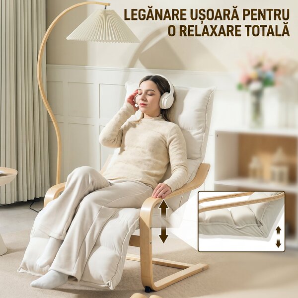 HOMCOM Fotoliu Relax din Lemn și Catifea cu Suport pentru Picioare, Crem | Aosom Romania
