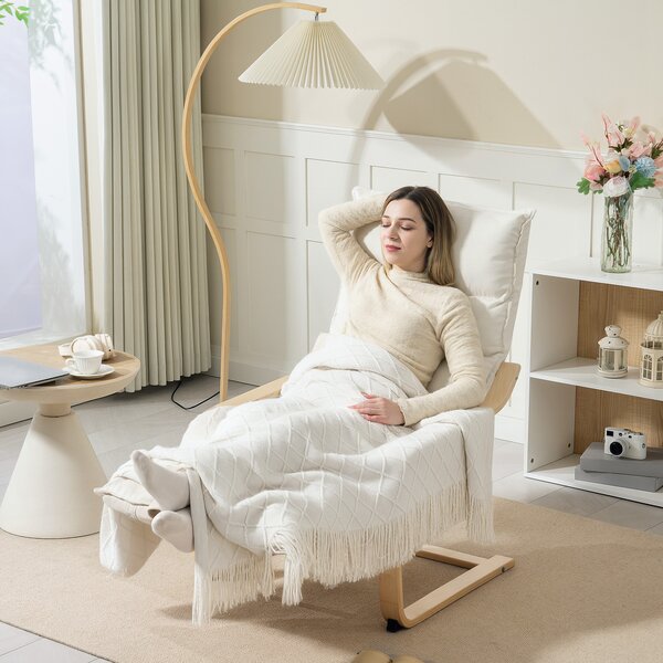 HOMCOM Fotoliu Relax din Lemn și Catifea cu Suport pentru Picioare, Crem | Aosom Romania