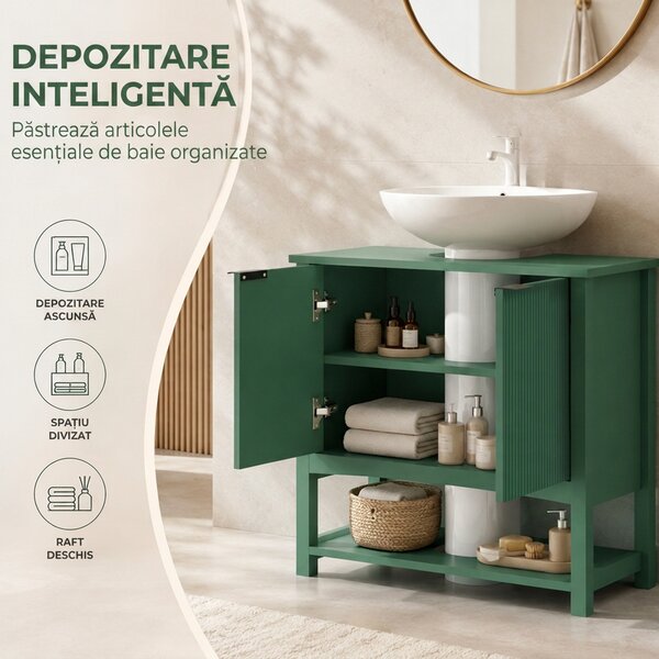 HOMCOM Dulap Sub Lavoar cu 2 Uși, Raft Deschis și Design Modern, 65x32x62 cm, Verde | Aosom Romania