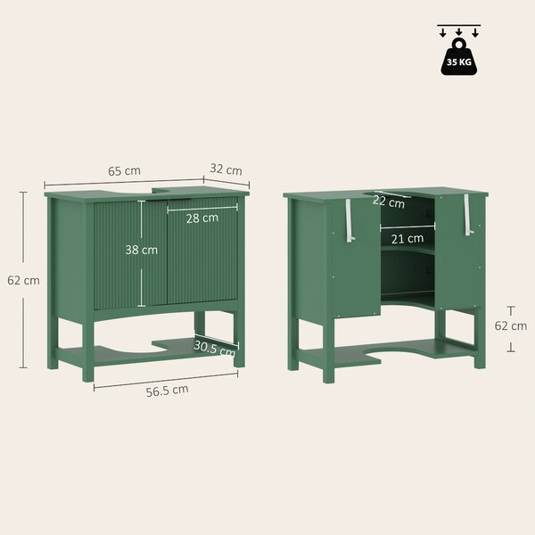 HOMCOM Dulap Sub Lavoar cu 2 Uși, Raft Deschis și Design Modern, 65x32x62 cm, Verde | Aosom Romania