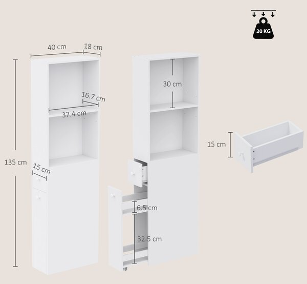 HOMCOM Dulap Baie Slim cu Organizator Glisant pe Roți, Sertar și Raft Reglabil, MDF, 18 x 40 x 135 Cm, Alb | Aosom Romania
