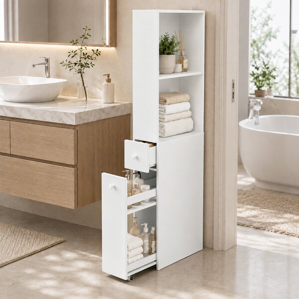 HOMCOM Dulap Baie Slim cu Organizator Glisant pe Roți, Sertar și Raft Reglabil, MDF, 18 x 40 x 135 Cm, Alb | Aosom Romania
