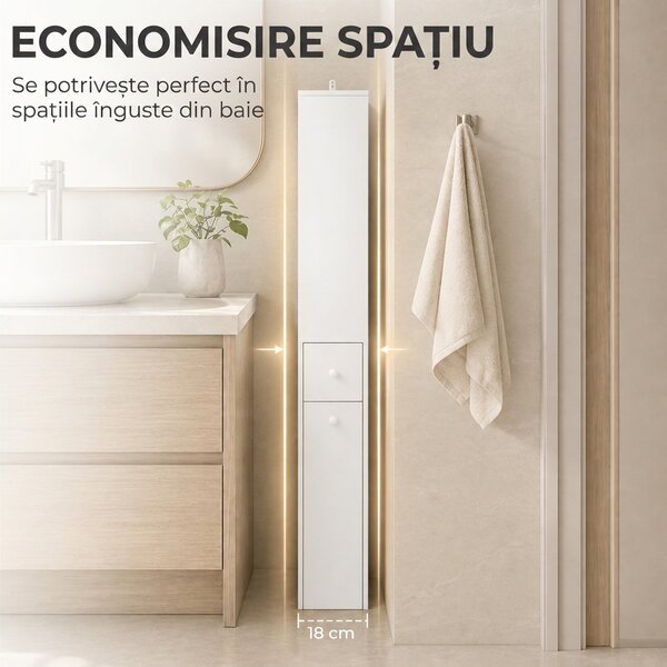HOMCOM Dulap Baie Slim cu Organizator Glisant pe Roți, Sertar și Raft Reglabil, MDF, 18 x 40 x 135 Cm, Alb | Aosom Romania