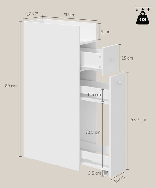 HOMCOM Dulap de Baie Îngust cu 3 Niveluri, Sertare pe Roți și Raft Deschis, MDF, 18x40x80 cm, Alb | Aosom Romania