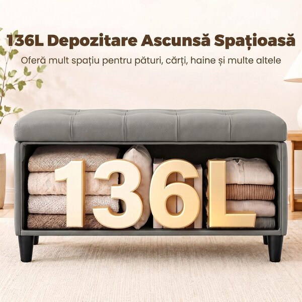 HOMCOM Bancă cu depozitare 136 L, 110x41x42 cm, piele ecologică potrivită pentru animale de companie, gri | Aosom Romania
