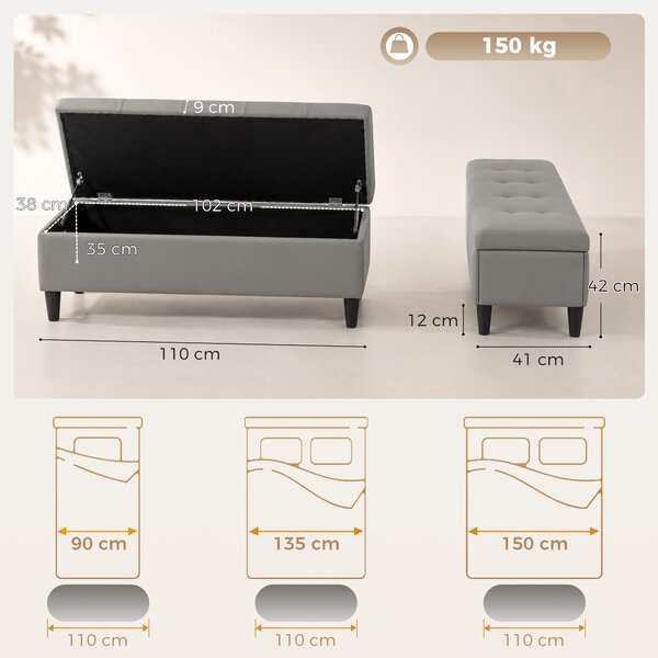 HOMCOM Bancă cu depozitare 136 L, 110x41x42 cm, piele ecologică potrivită pentru animale de companie, gri | Aosom Romania