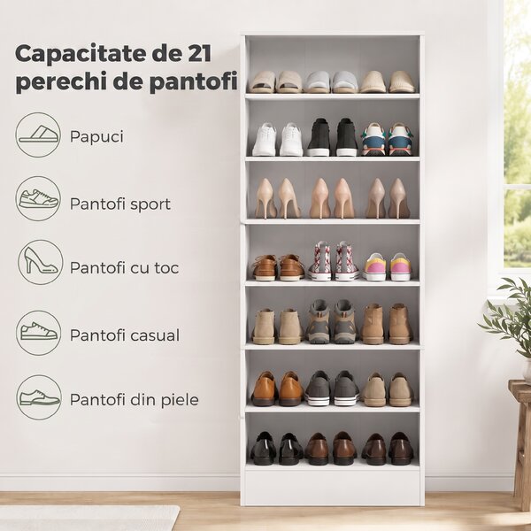 HOMCOM Pantofar cu Rafturi Reglabile, pentru 21 de Perechi, Alb | Aosom Romania