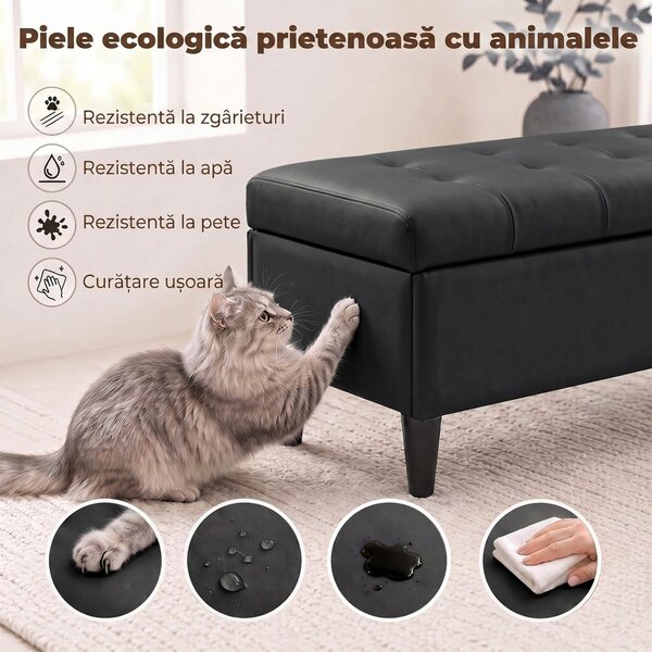 HOMCOM Bancă cu depozitare 136 L, taburet cu ladă 110x41x42 cm, piele ecologică pet-friendly, negru | Aosom Romania