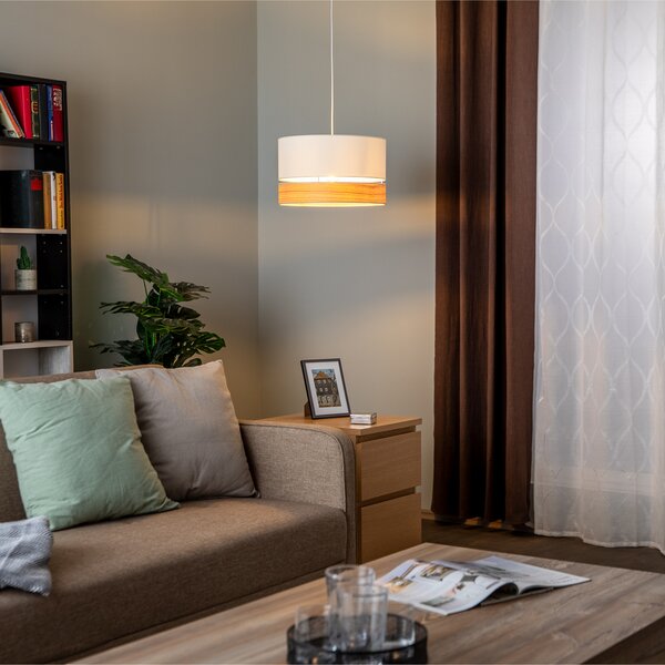 Euluna Lampa suspendată Levo, Ø 40 cm, frasin/ecru, reglabil, Alb, Camera de zi / sufragerie, Țesătură / Textil