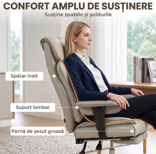 HOMCOM Scaun de Birou Rotativ Rabatabil 135°, Piele Ecologică, Suport pentru Picioare, Cotiere și Înălțime Reglabile, Gri Deschis | Aosom Romania