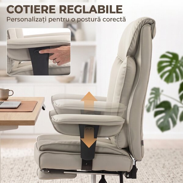 HOMCOM Scaun de Birou Rotativ Rabatabil 135°, Piele Ecologică, Suport pentru Picioare, Cotiere și Înălțime Reglabile, Gri Deschis | Aosom Romania