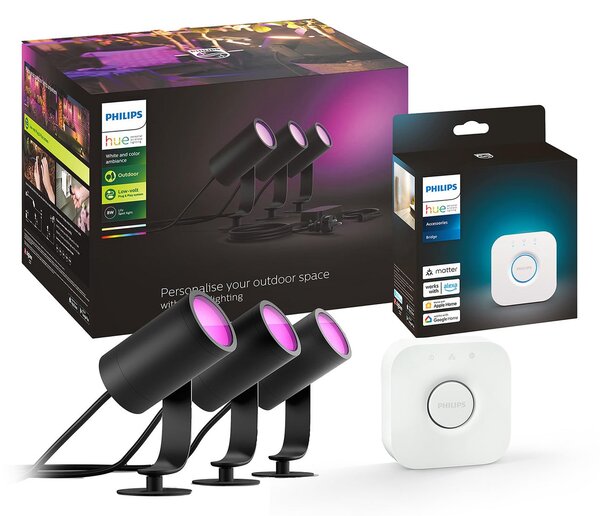 Philips Hue Spot LED Lily, set de 3, punte, RGB, CCT, IP65, reglabil, Negru, Metal, Modern