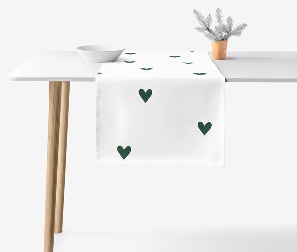 Goldea napron de masă 100% bumbac - inimioare verde închis pe alb 20x120 cm