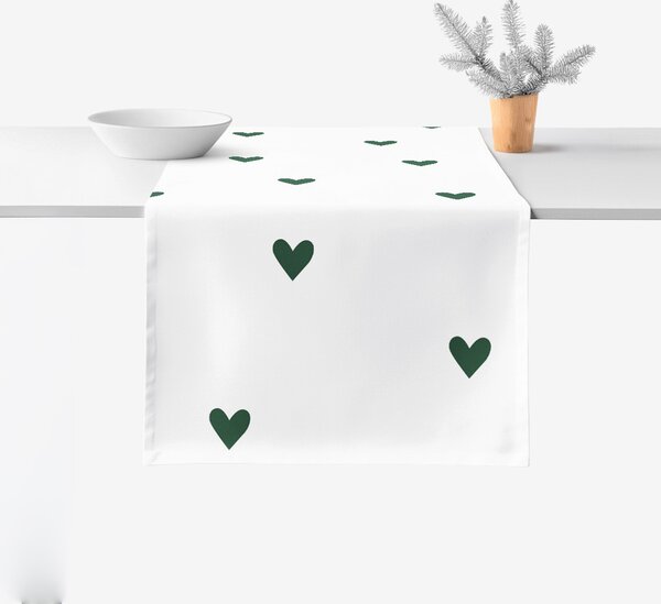 Goldea napron de masă 100% bumbac - inimioare verde închis pe alb 20x120 cm