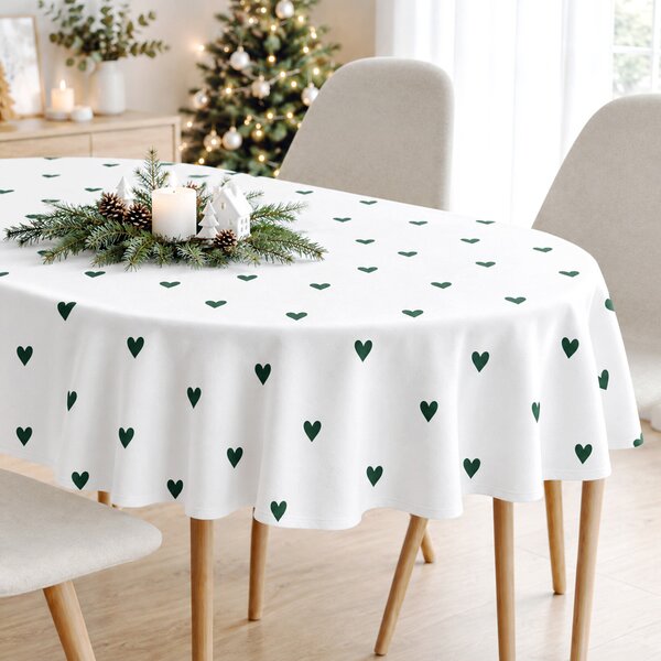 Goldea față de masă 100% bumbac - inimioare verde închis pe alb - ovală 140 x 240 cm