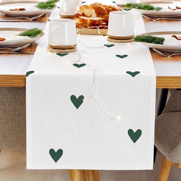 Goldea napron de masă 100% bumbac - inimioare verde închis pe alb 20x120 cm
