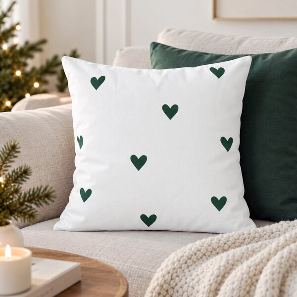 Goldea față de pernă 100% bumbac - inimioare verde închis pe alb 70 x 80 cm
