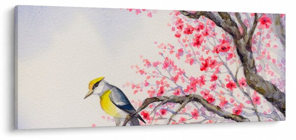 Tablou - Pasăre pe un copac cu flori roșii (120x50 cm)