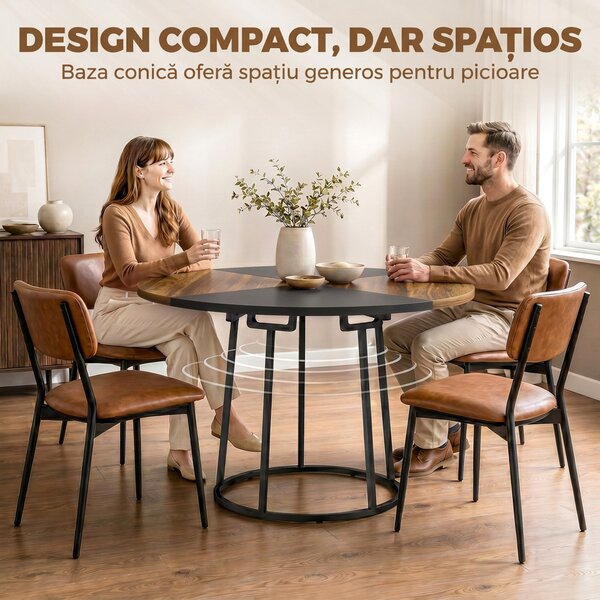 HOMCOM Masă de Dining Rotundă pentru 4-6 Persoane, Blat Bicolor MDF și Metal, 120x120x75 cm, Maro Rustic și Negru | Aosom Romania