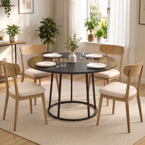 HOMCOM Masă de Dining Rotundă pentru 4-6 Persoane, Blat Bicolor MDF și Metal, 120x120x75 cm, Maro Rustic și Negru | Aosom Romania