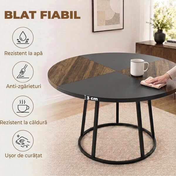 HOMCOM Masă de Dining Rotundă pentru 4-6 Persoane, Blat Bicolor MDF și Metal, 120x120x75 cm, Maro Rustic și Negru | Aosom Romania
