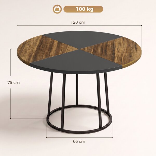 HOMCOM Masă de Dining Rotundă pentru 4-6 Persoane, Blat Bicolor MDF și Metal, 120x120x75 cm, Maro Rustic și Negru | Aosom Romania