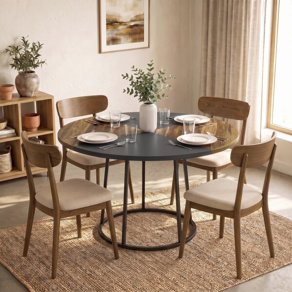 HOMCOM Masă de Dining Rotundă pentru 4-6 Persoane, Blat Bicolor MDF și Metal, 120x120x75 cm, Maro Rustic și Negru | Aosom Romania