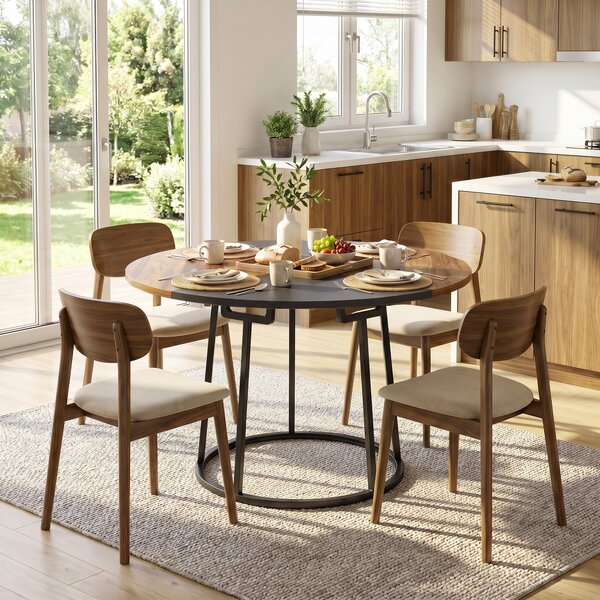 HOMCOM Masă de Dining Rotundă pentru 4-6 Persoane, Blat Bicolor MDF și Metal, 120x120x75 cm, Maro Rustic și Negru | Aosom Romania