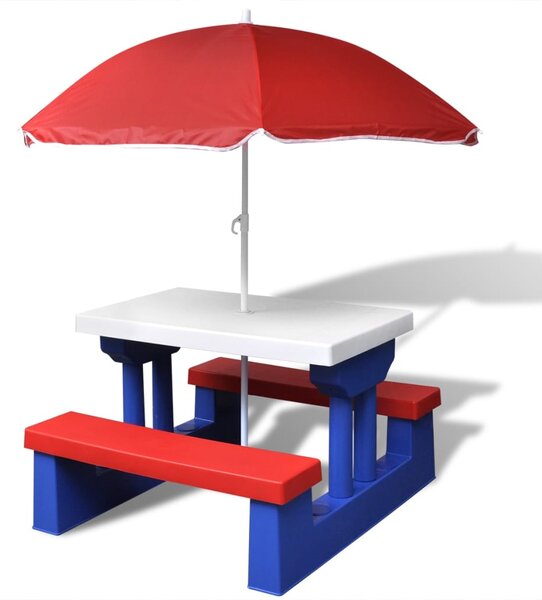 Masă de picnic pentru copii cu bănci & umbrelă, multicolor